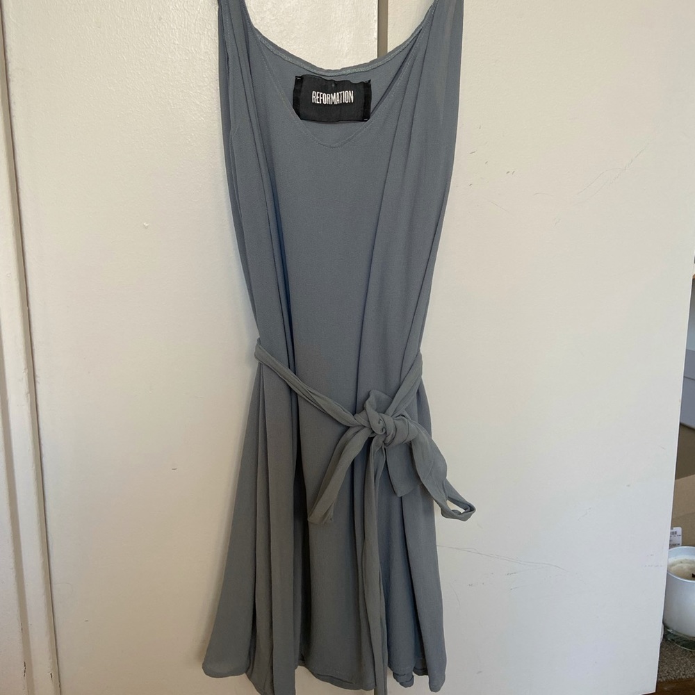 Reformation blouse/mini dress w/ tie, blue-grey XL